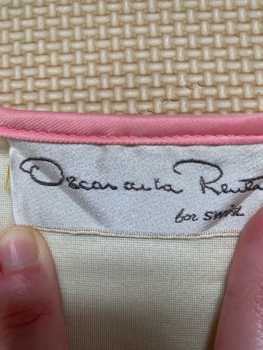 Oscar Dela Renta for Swril Cream Pajama Robe with Pink Trim and Floral Accent